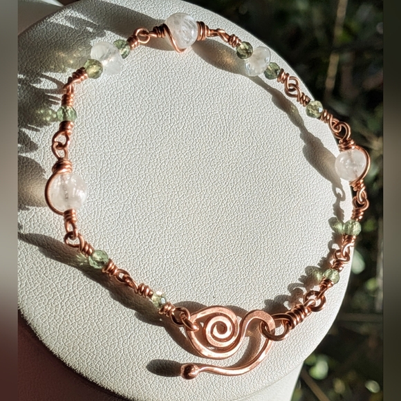Artisan Jewelry - Moonstone Copper Chain Bracelet Rare Green Apatite Gems Dainty Artisan Crafted